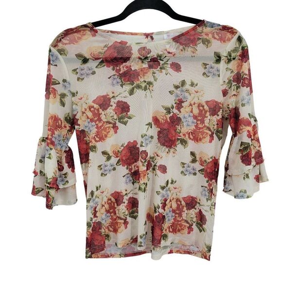 Y2K Blouse XS Cream Blossom Flower Sheer Mesh Tiered Ruffle Sleeve Cottage Core - Picture 1 of 11